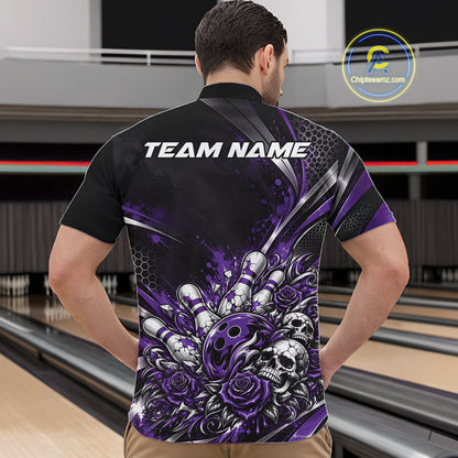 Custom Black Purple Skull And Roses Bowling Team Men Quarter Zip Shirt, Bowling League Jersey IPHW12850