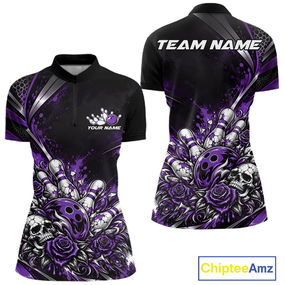 Custom Black Purple Skull And Roses Bowling Team Women Quarter-Zip Shirt, Bowling Jersey IPHW12850