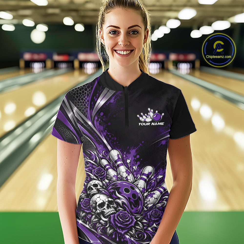Custom Black Purple Skull And Roses Bowling Team Women Quarter-Zip Shirt, Bowling Jersey IPHW12850