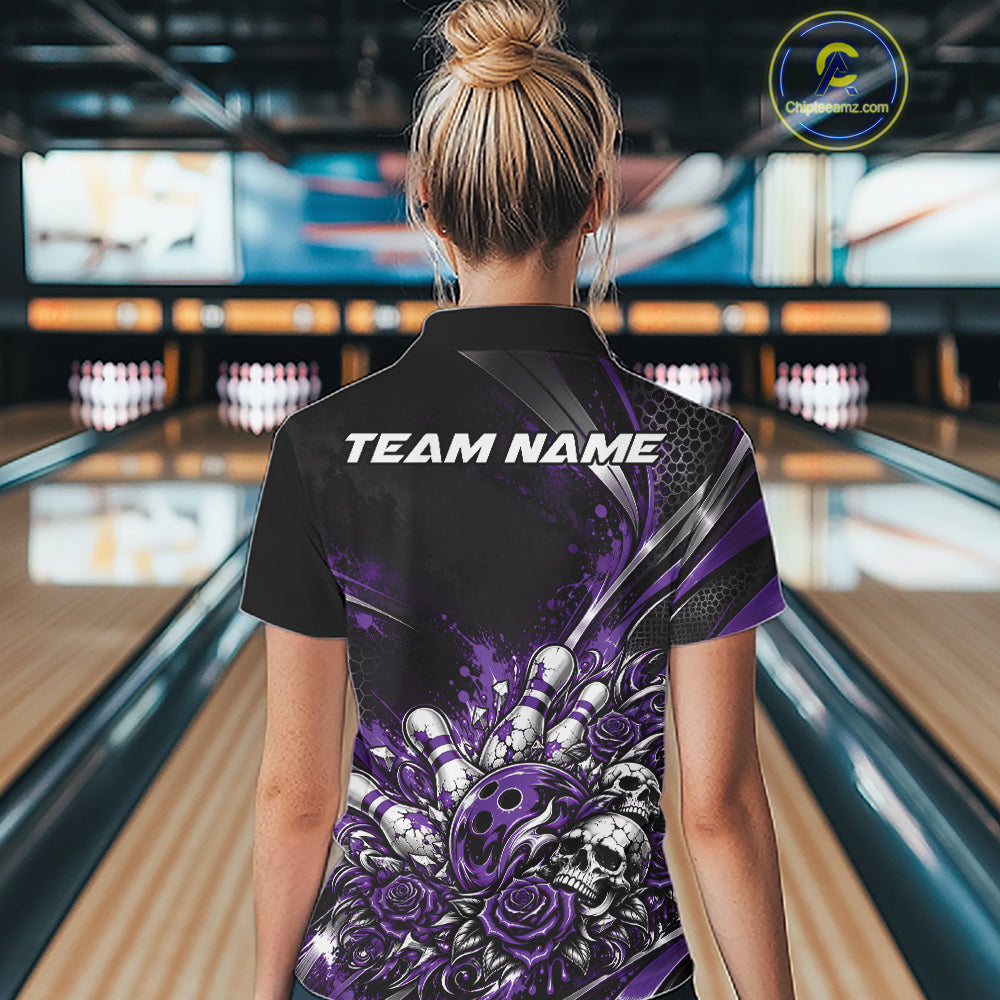 Custom Black Purple Skull And Roses Bowling Team Women Quarter-Zip Shirt, Bowling Jersey IPHW12850
