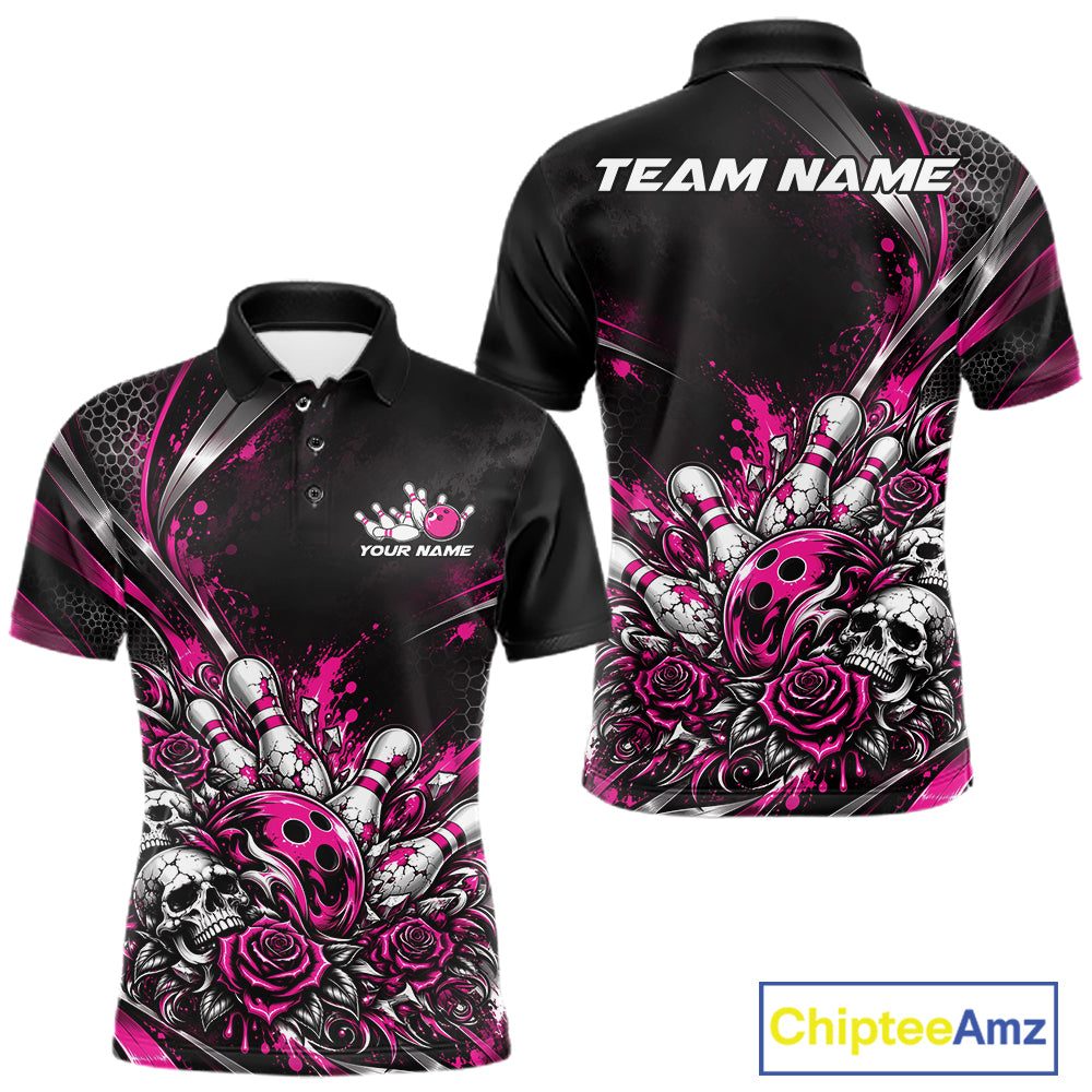 Custom Black And Pink Skull Roses Bowling Team Men Polo Shirt, Bowling League Jersey IPHW12851
