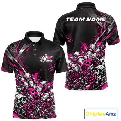 Custom Black And Pink Skull Roses Bowling Team Men Polo Shirt, Bowling League Jersey IPHW12851