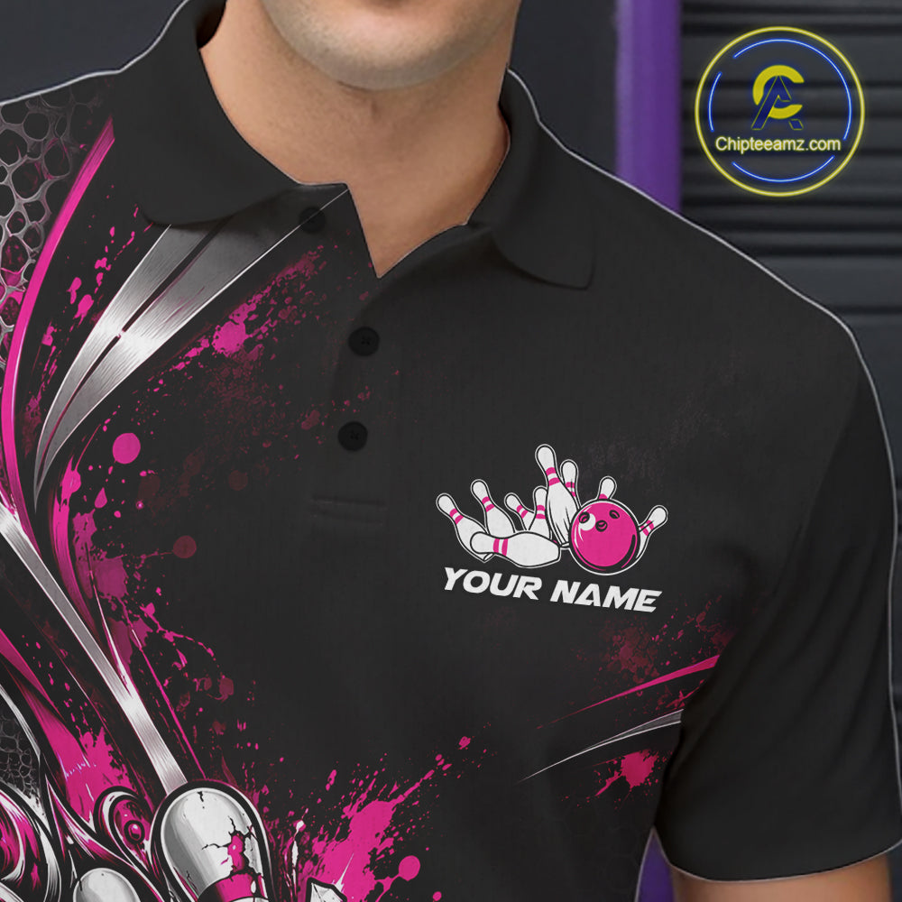 Custom Black And Pink Skull Roses Bowling Team Men Polo Shirt, Bowling League Jersey IPHW12851