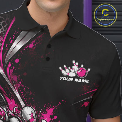 Custom Black And Pink Skull Roses Bowling Team Men Polo Shirt, Bowling League Jersey IPHW12851