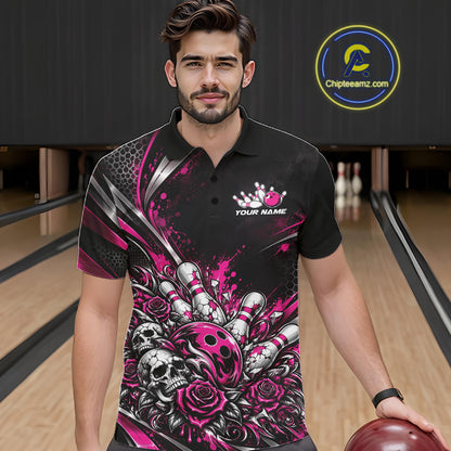 Custom Black And Pink Skull Roses Bowling Team Men Polo Shirt, Bowling League Jersey IPHW12851