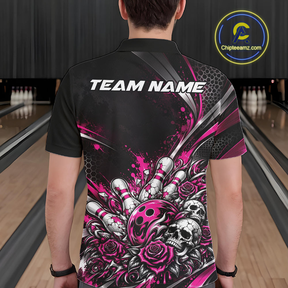 Custom Black And Pink Skull Roses Bowling Team Men Polo Shirt, Bowling League Jersey IPHW12851