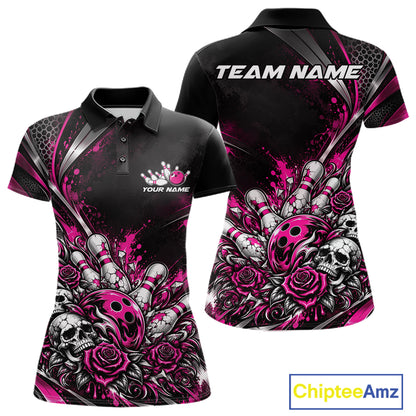 Custom Black And Pink Skull Roses Bowling Team Women Polo Shirt, Bowling League Jersey IPHW12851