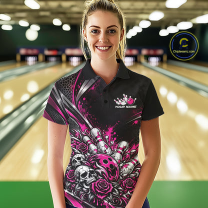 Custom Black And Pink Skull Roses Bowling Team Women Polo Shirt, Bowling League Jersey IPHW12851
