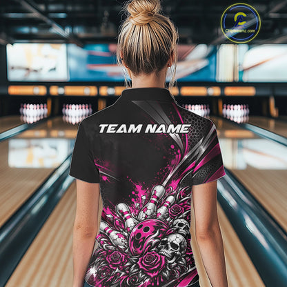 Custom Black And Pink Skull Roses Bowling Team Women Polo Shirt, Bowling League Jersey IPHW12851