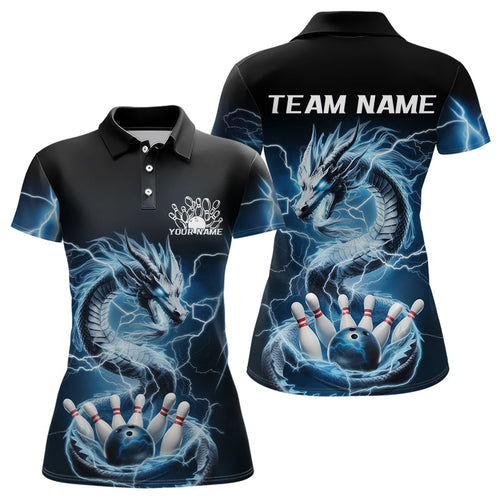 Custom Black And Blue Thunder Lightning Dragon Bowling Polo Shirts For Women Bowling Jerseys IPHW8072