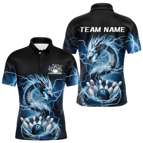 Custom Black And Blue Thunder Lightning Dragon Bowling Polo Shirts For Men Bowling Jerseys IPHW8072
