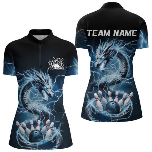 Custom Black And Blue Thunder Lightning Dragon Bowling Quarter-Zip Shirts For Women Jerseys IPHW8072