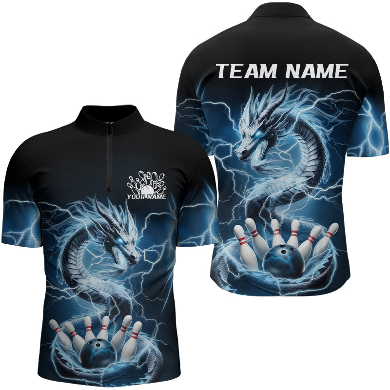 Custom Black And Blue Thunder Lightning Dragon Bowling Quarter-Zip Shirts For Men Bowling Jerseys IPHW8072
