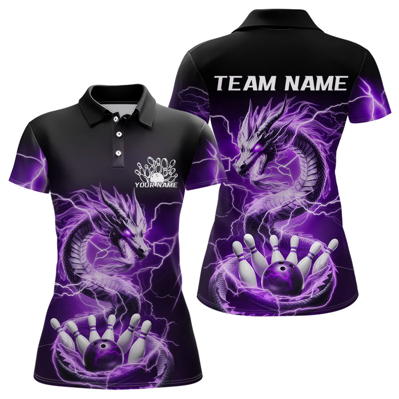 Custom Black And Purple Thunder Lightning Dragon Bowling Polo Shirts For Women Bowling Jerseys IPHW8073