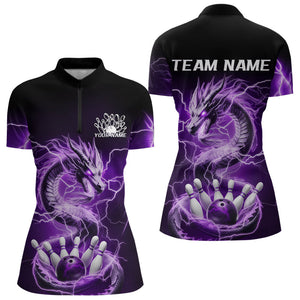 Custom Black And Purple Thunder Lightning Dragon Ladies Bowling Quarter-Zip Shirts Jerseys IPHW8073