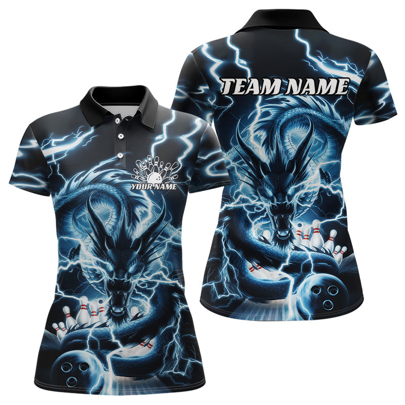 Custom Black And Blue Thunder Lightning Dragon Bowling Team Polo Shirts For Women IPHW8076