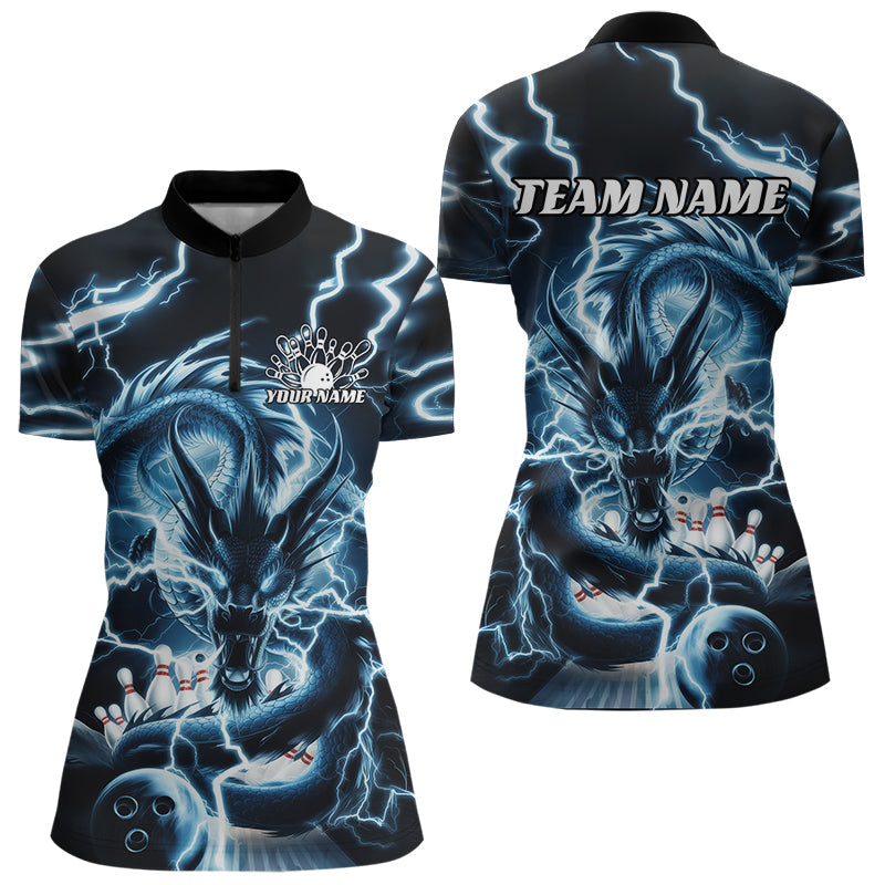 Custom Black And Blue Thunder Lightning Dragon Bowling Team Quarter-Zip Shirts For Women IPHW8076