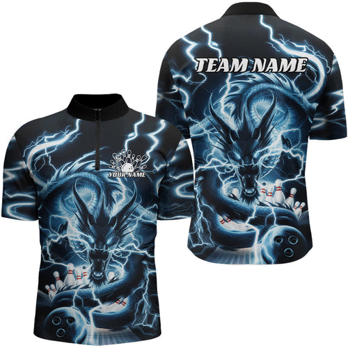 Custom Black And Blue Thunder Lightning Dragon Bowling Team Quarter-Zip Shirts For Men IPHW8076