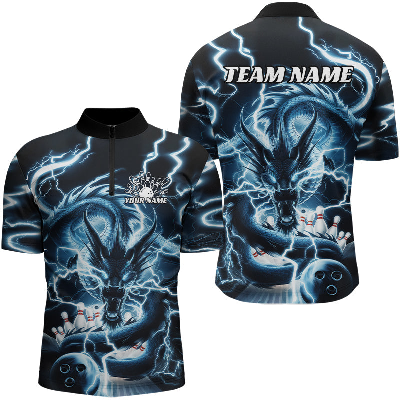 Custom Black And Blue Thunder Lightning Dragon Bowling Team Quarter-Zip Shirts For Men IPHW8076