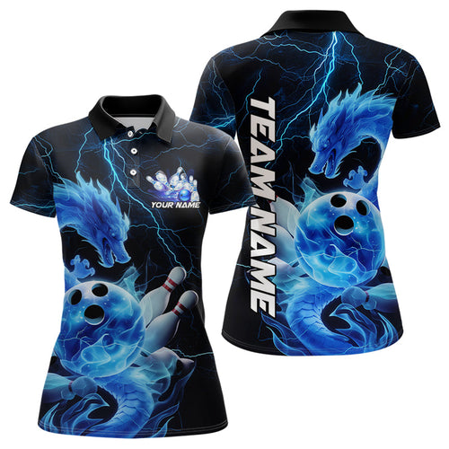 Custom Black And Blue Thunder Lightning Dragon Bowling Polo Shirts For Women, Team Uniform IPHW8078