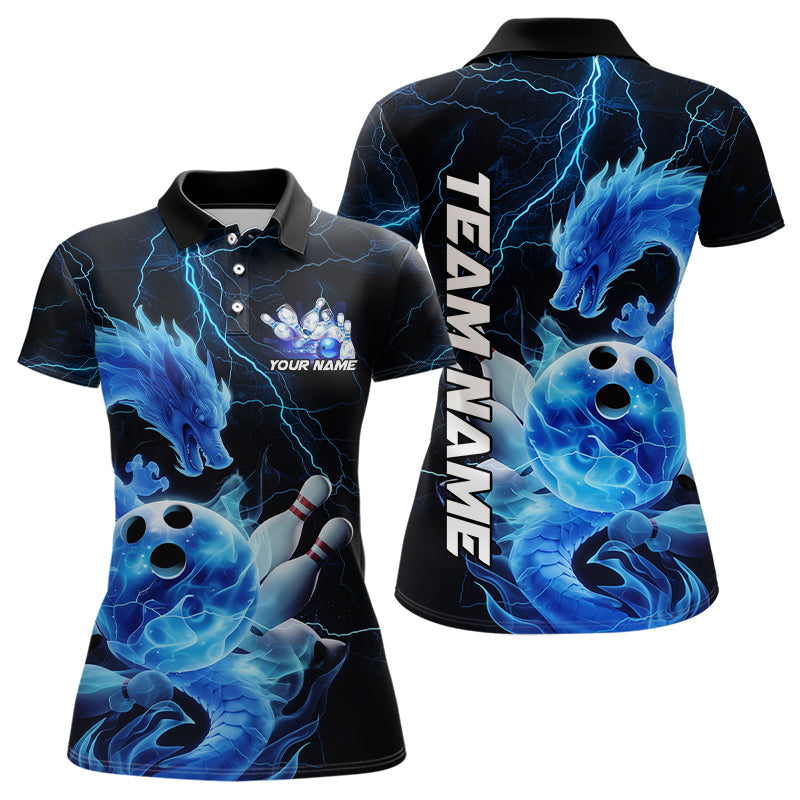Custom Black And Blue Thunder Lightning Dragon Bowling Polo Shirts For Women, Team Uniform IPHW8078