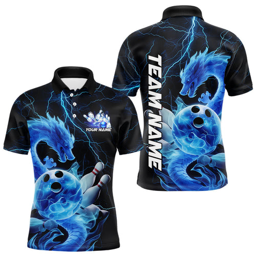 Custom Black And Blue Thunder Lightning Dragon Bowling Polo Shirts For Men, Team Uniform IPHW8078