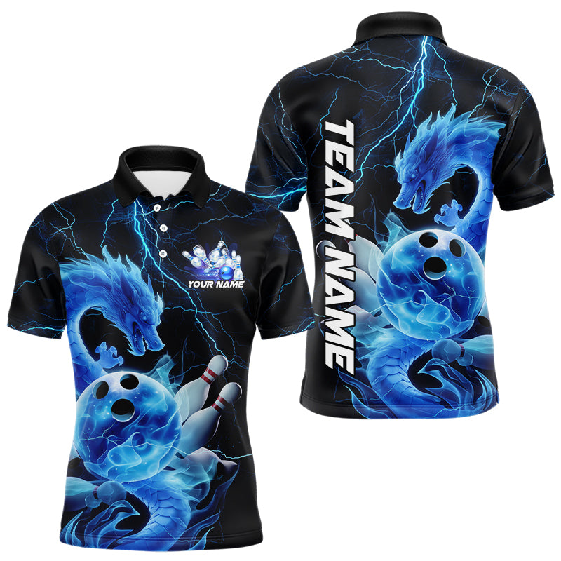 Custom Black And Blue Thunder Lightning Dragon Bowling Polo Shirts For Men, Team Uniform IPHW8078