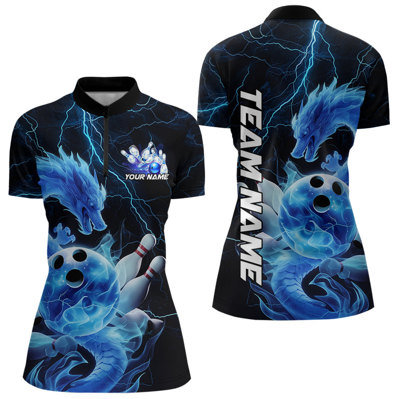 Custom Blue Thunder Lightning Dragon Bowling Quarter-Zip Shirts For Women, Team Uniform IPHW8078