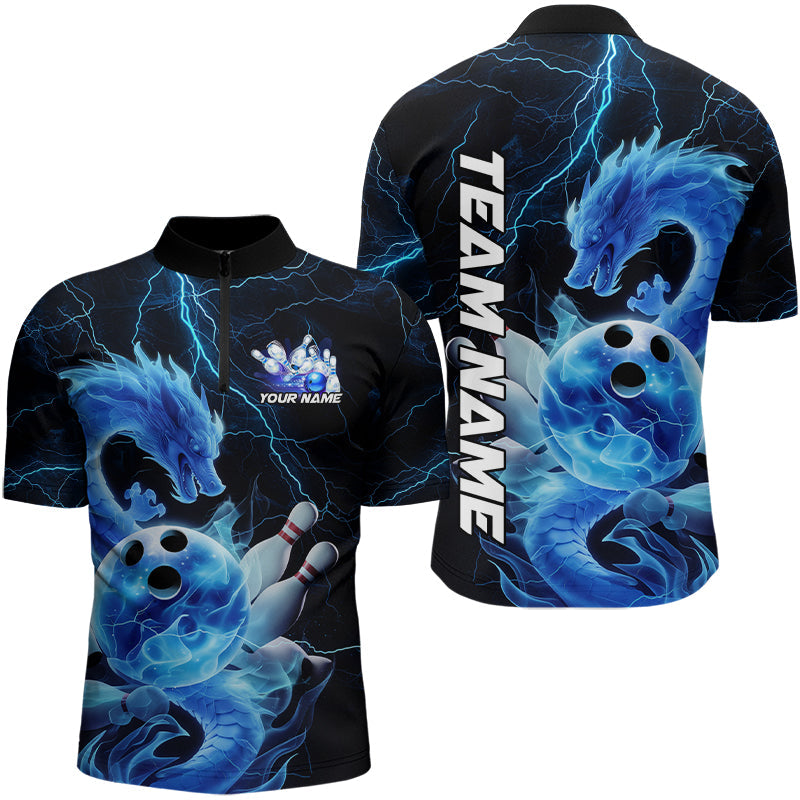 Custom Black And Blue Thunder Lightning Dragon Bowling Quarter-Zip Shirts For Men, Team Uniform IPHW8078