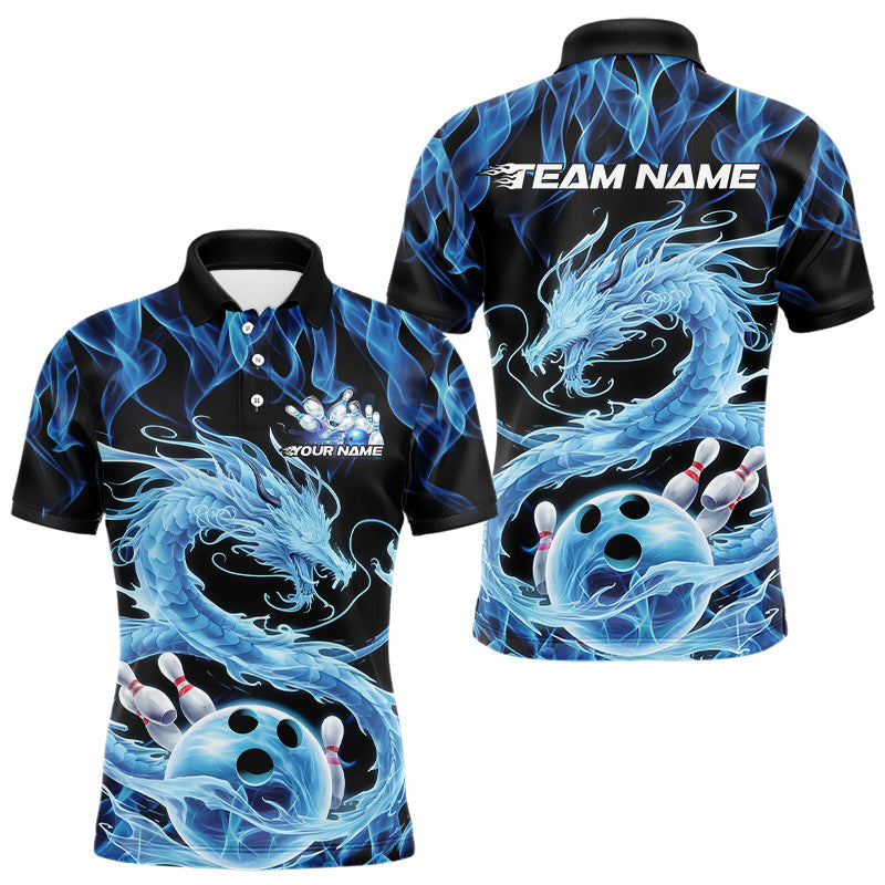 Black And Blue Custom Flame Dragon Bowling Polo Shirts For Men, Dragon Bowling League Shirt IPHW8079