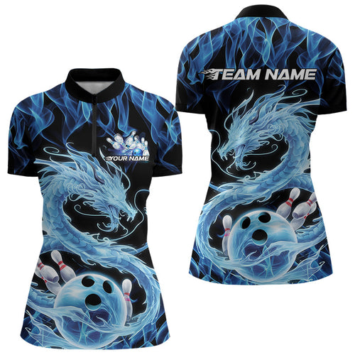 Black And Blue Custom Flame Dragon Bowling Ladies Quarter-Zip Shirts, Bowling League Shirt IPHW8079