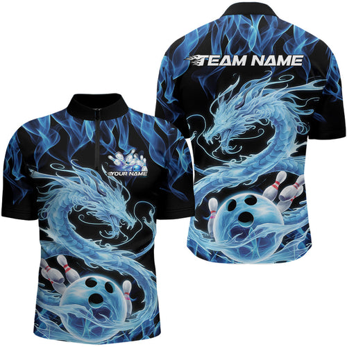 Black And Blue Custom Flame Dragon Bowling Quarter-Zip Shirts For Men, Bowling League Shirt IPHW8079