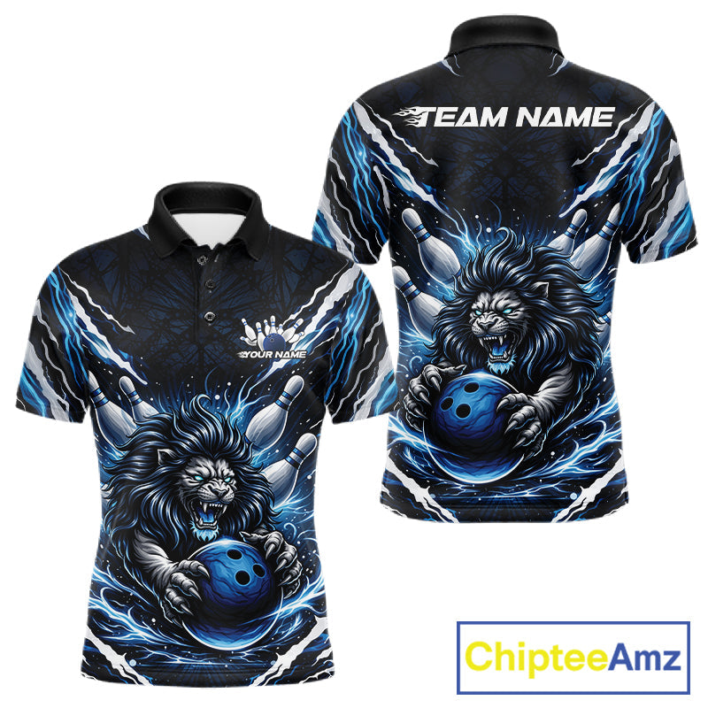 Custom Black And Blue Lion Bowling Jerseys, Lion Bowling Tournament Men Polo Shirt IPHW10352