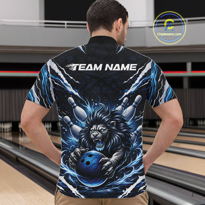 Custom Black And Blue Lion Bowling Jerseys, Lion Bowling Tournament Men Quarter-Zip Shirt IPHW10352