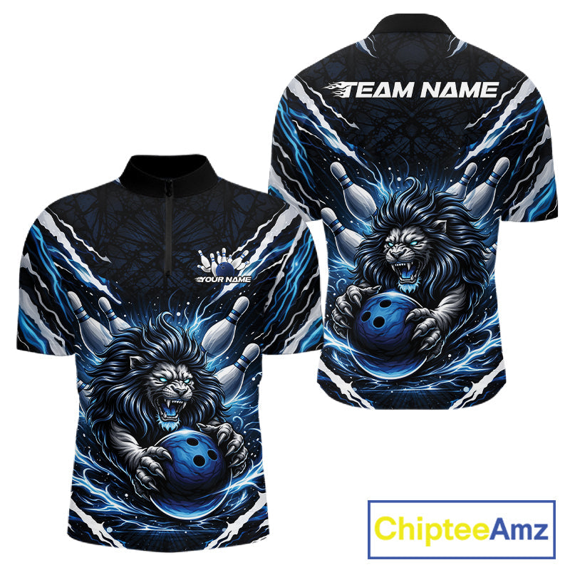 Custom Black And Blue Lion Bowling Jerseys, Lion Bowling Tournament Men Quarter-Zip Shirt IPHW10352