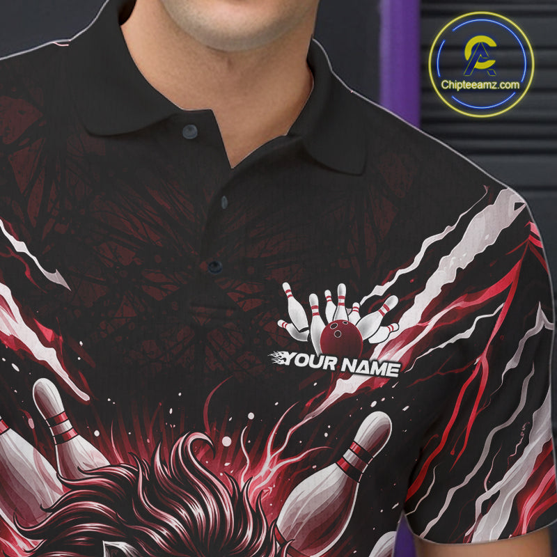 Custom Black And Red Lion Bowling Jerseys, Lion Bowling Tournament Men Polo Shirt IPHW10353