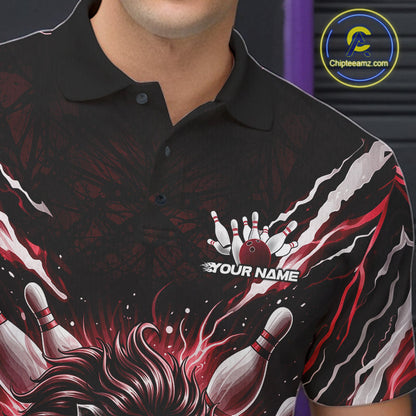 Custom Black And Red Lion Bowling Jerseys, Lion Bowling Tournament Men Polo Shirt IPHW10353