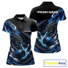 Load image into Gallery viewer, Custom Blue Flame Dragon Bowling Women Polo Team Shirts, Bowling Tournament Shirt IPHW10359