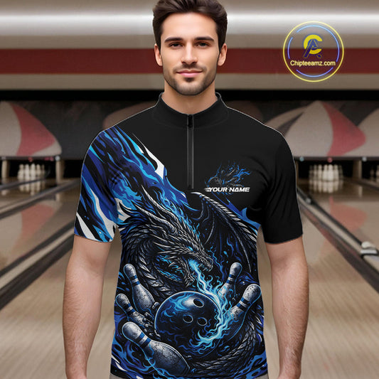 Custom Blue Flame Dragon Bowling Men Quarter-Zip Team Shirts, Bowling Tournament Shirt IPHW10359