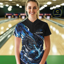Load image into Gallery viewer, Custom Blue Flame Dragon Bowling Women Quarter-Zip Team Shirts, Bowling Tournament Shirt IPHW10359