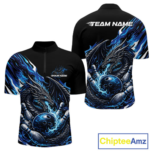 Custom Blue Flame Dragon Bowling Men Quarter-Zip Team Shirts, Bowling Tournament Shirt IPHW10359