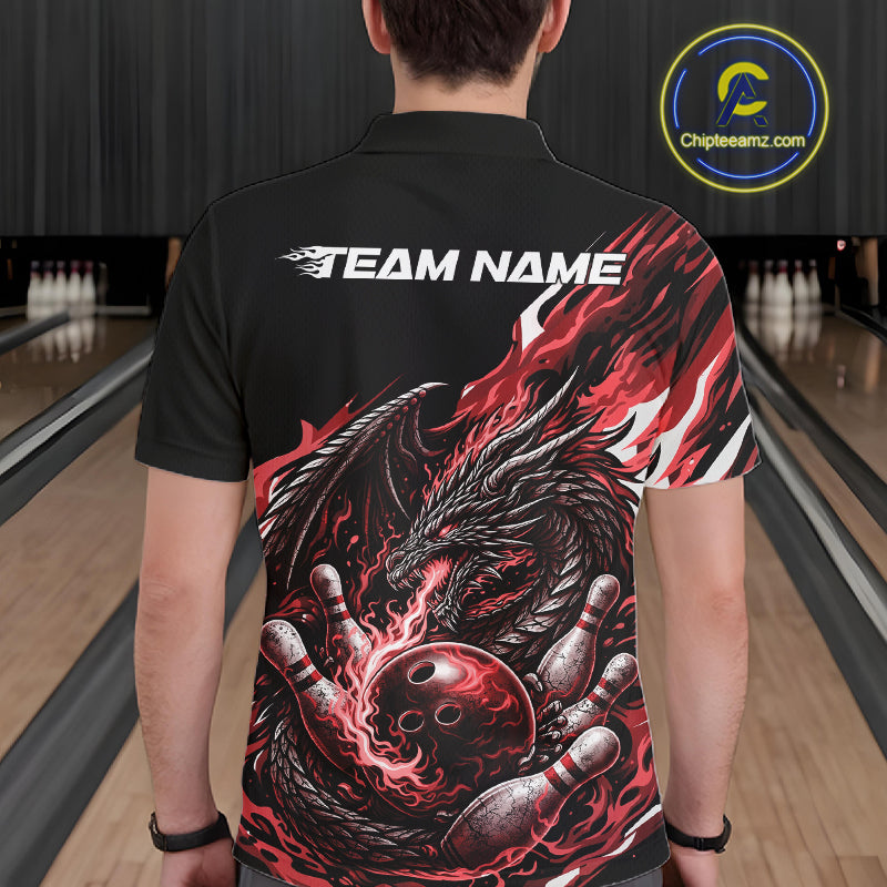 Custom Red Flame Dragon Bowling Men Polo Team Shirts, Bowling Tournament Shirt IPHW10360