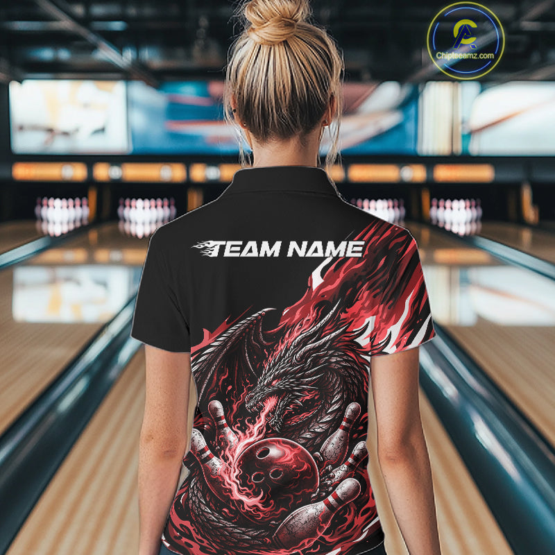 Custom Red Flame Dragon Bowling Women Polo Team Shirts, Bowling Tournament Shirt IPHW10360