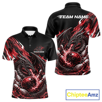 Custom Red Flame Dragon Bowling Men Polo Team Shirts, Bowling Tournament Shirt IPHW10360