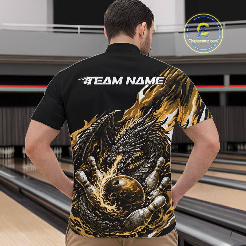 Custom Yellow Flame Dragon Bowling Men Quarter-Zip Team Shirts, Bowling Tournament Shirt IPHW10361