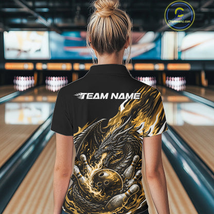 Custom Yellow Flame Dragon Bowling Women Quarter-Zip Shirts, Bowling Tournament Shirt IPHW10361