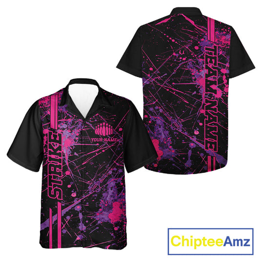 Custom Purple And Pink Splatter Camo Strike Bowling League Shirts, Men And Women Bowling Jerseys IPHW10649