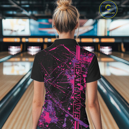 Custom Purple And Pink Splatter Camo Strike Bowling League Shirts, Women Bowling Jerseys IPHW10649