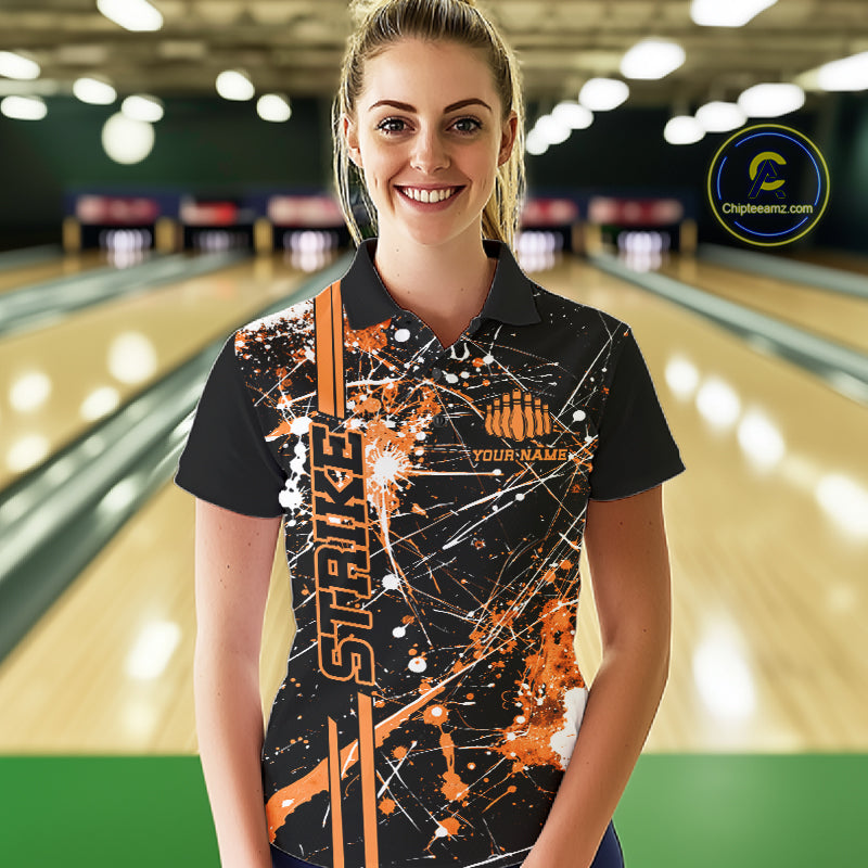 Custom Black And Orange Splatter Camo Strike Bowling League Shirts, Women Bowling Jerseys IPHW10650