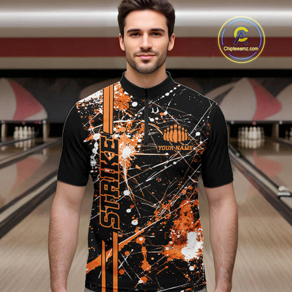 Custom Black And Orange Splatter Camo Strike Bowling League Shirts, Men Bowling Jerseys IPHW10650
